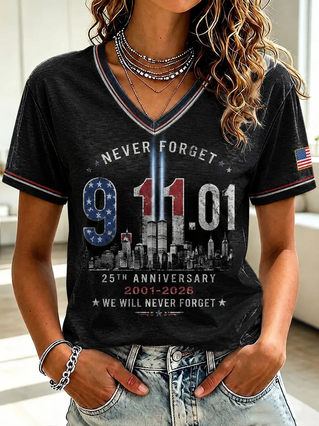911 We Will Never Forget 25th Anniversary V-Neck Shirt Patriot Day Merch Memorial Clothes - Kdjoy