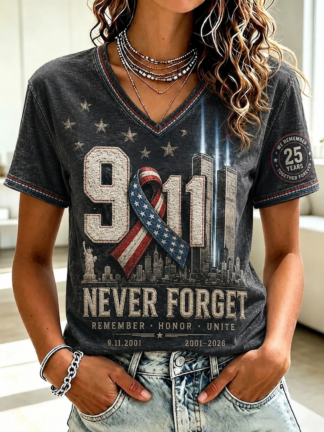 911 We Will Never Forget 25th Anniversary V-Neck T-Shirt Twin Towers Memorial Patriot Day Shirt - Kdjoy