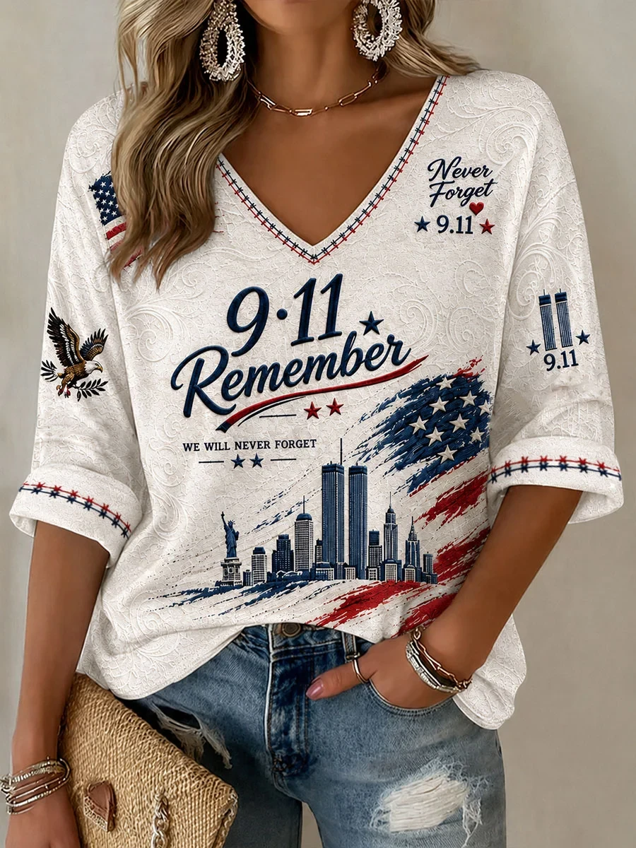 911 We Will Never Forget Long Sleeve V-Neck Shirt Twin Towers Memorial Merch Women Gifts - Kdjoy 911 We Will Never Forget Long Sleeve V-Neck Shirt Twin Towers Memorial Merch Women Gifts - Kdjoy