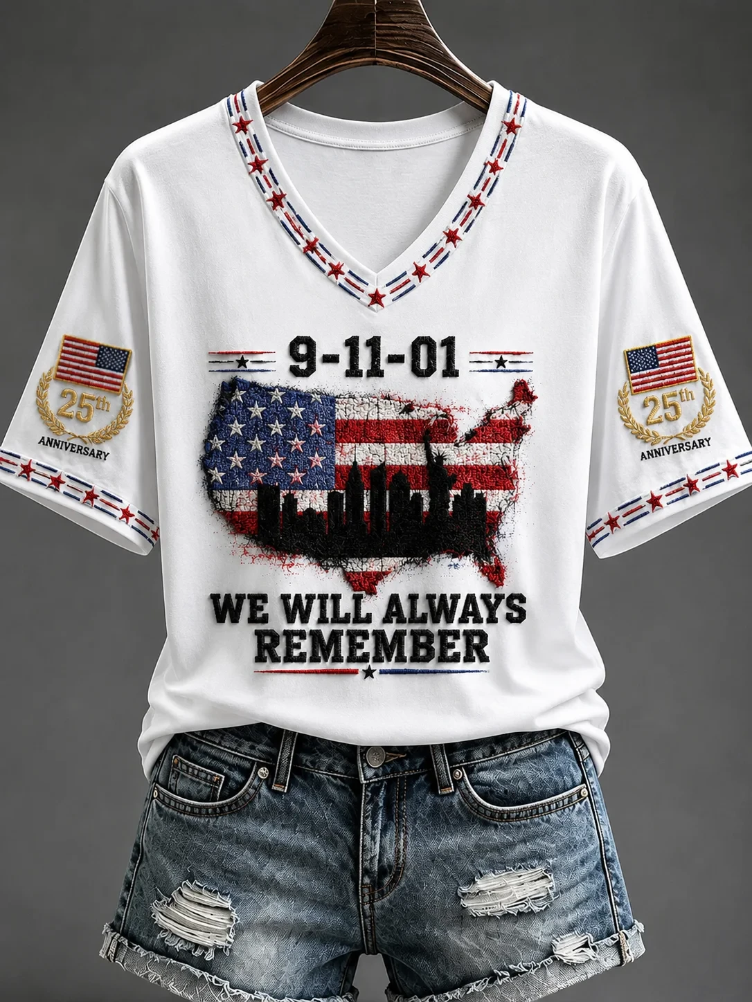 911 We Will Never Forget Patriot Day V-Neck Shirt 25th Anniversary Twin Towers Memorial Apparel - Kdjoy 911 We Will Never Forget Patriot Day V-Neck Shirt 25th Anniversary Twin Towers Memorial Apparel - Kdjoy