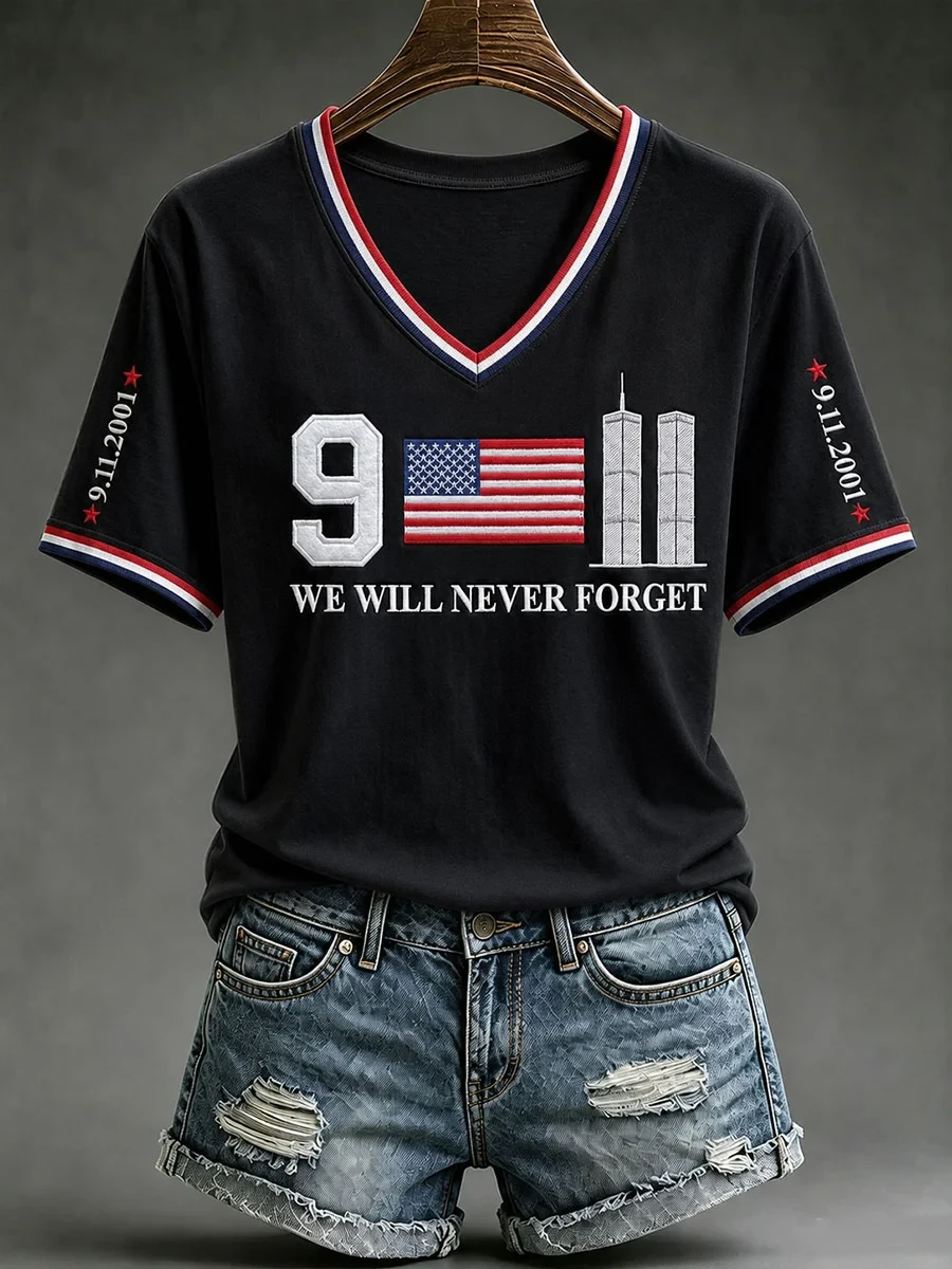911 We Will Never Forget Patriot Day V-Neck Shirt 25th Anniversary Twin Towers Memorial Merch - Kdjoy