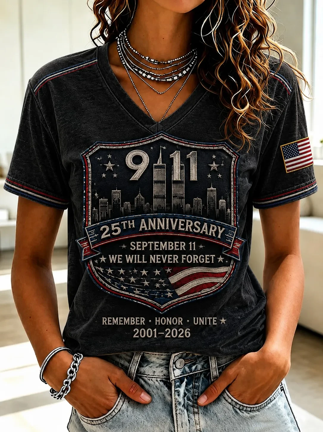 911 We Will Never Forget Patriot Day V-Neck Shirt Twin Towers Memorial T-Shirt Wife Gifts - Kdjoy