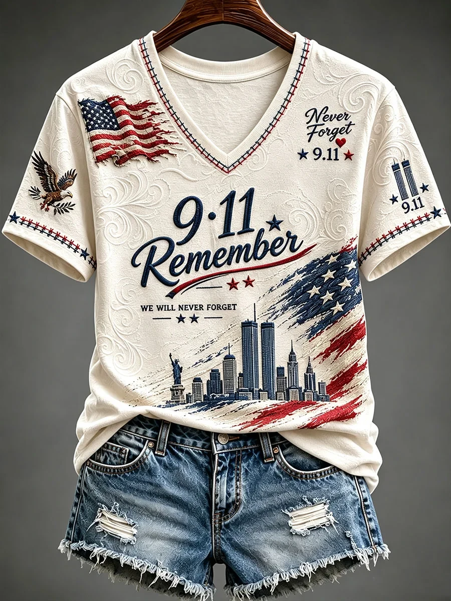 911 We Will Never Forget V-Neck Shirt Twin Towers Memorial Merch Patriot Day Women Gifts - Kdjoy
