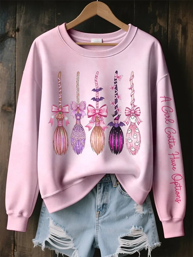 A Girl Gotta Have Options Witch Brooms Sweatshirt Cute Pastel Ghosts Floral Merch Fan Gift - Kdjoy
