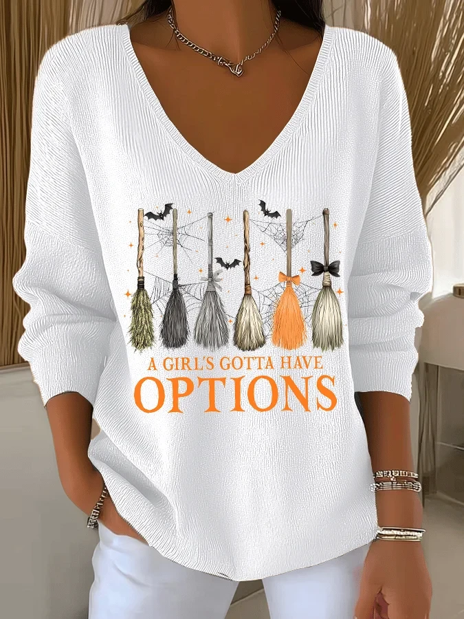 A Girls Gotta Have Options Brooms V-Neck Long Sleeve Shirt Halloween Clothing Gift For Witches - Kdjoy A Girls Gotta Have Options Brooms V-Neck Long Sleeve Shirt Halloween Clothing Gift For Witches - Kdjoy