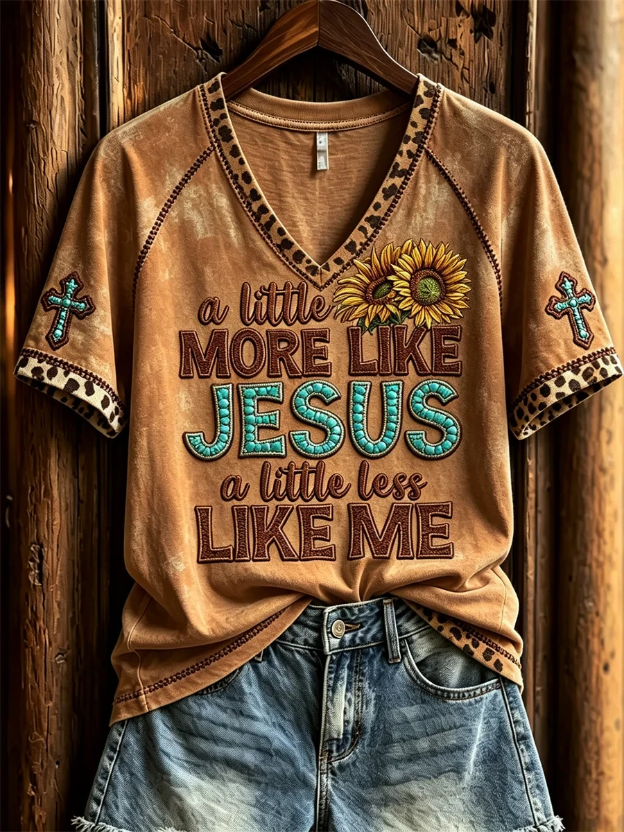 A Little More Like Jesus A Little Less Like Me Western V-Neck Shirt Christian Gift for Her - Kdjoy