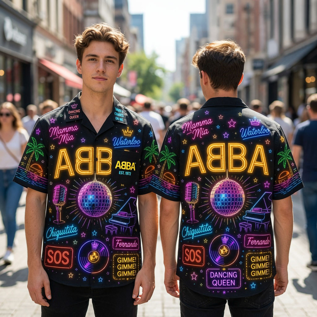 ABBA Neon Disco Pop Band Retro 70s Music Summer Hawaiian Shirt ABBA Merch Gift For Dad - Kdjoy