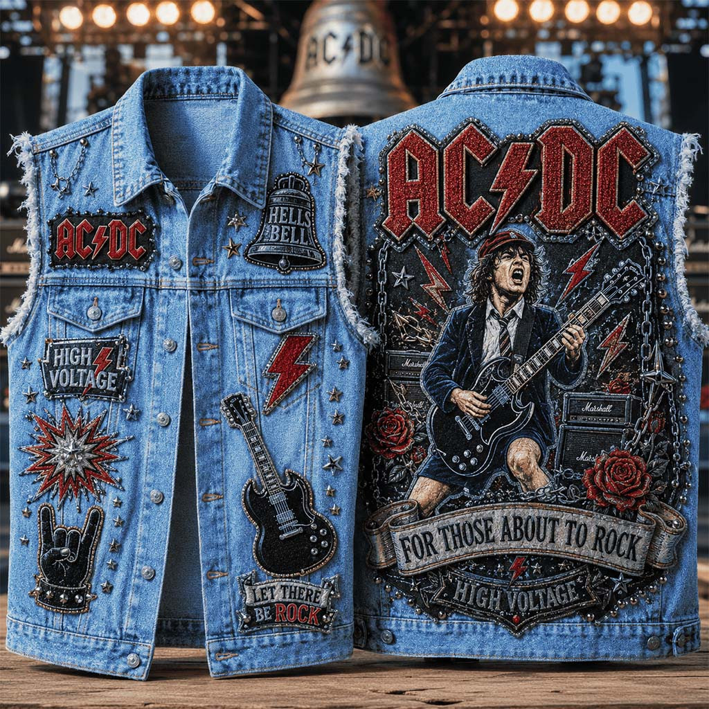AC DC For Those About To Rock Denim Vest High Voltage AC DC Merch Gift For Music Lovers - Kdjoy