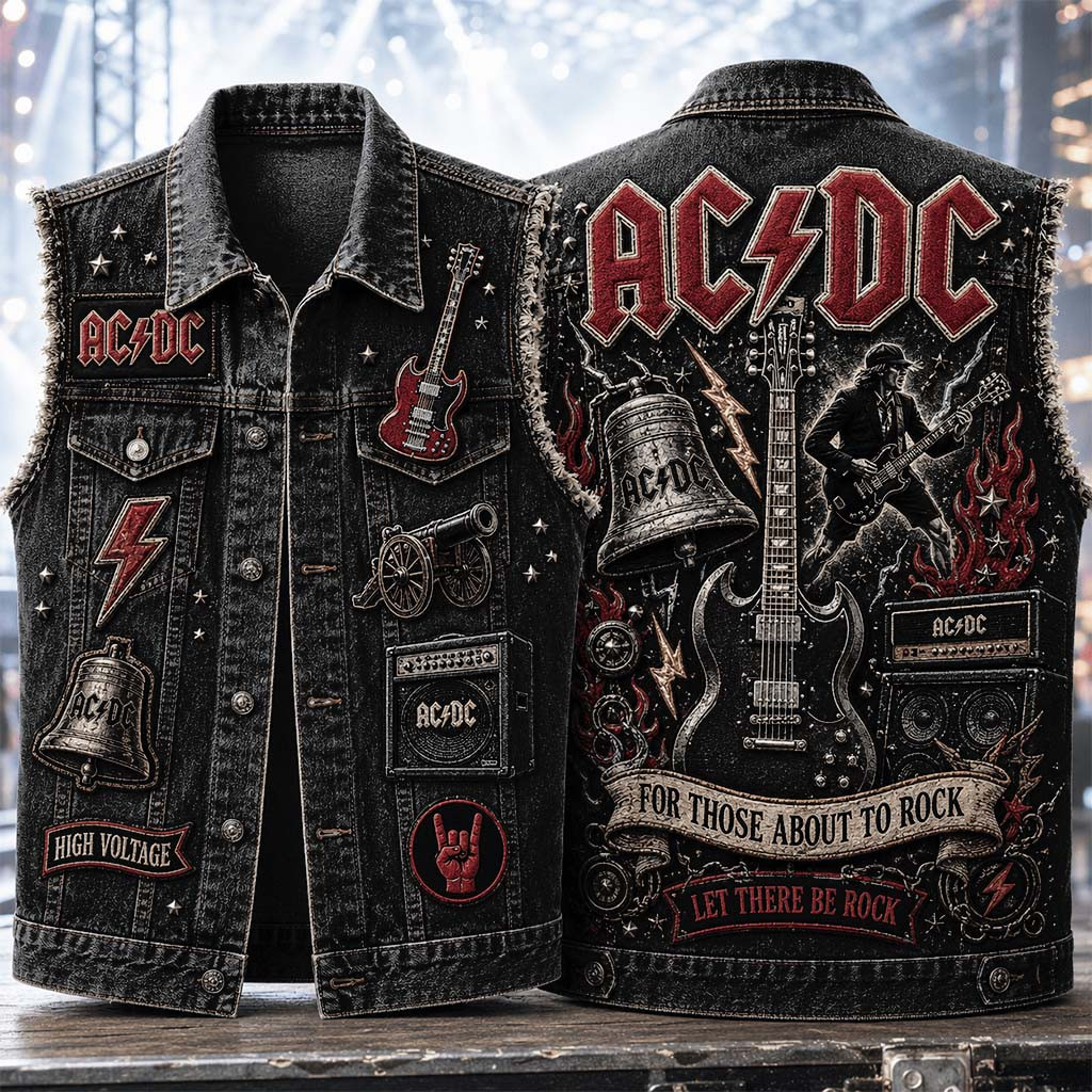AC DC For Those About To Rock Denim Vest Let There Be Rock AC DC Merch Gift For Band Fans - Kdjoy