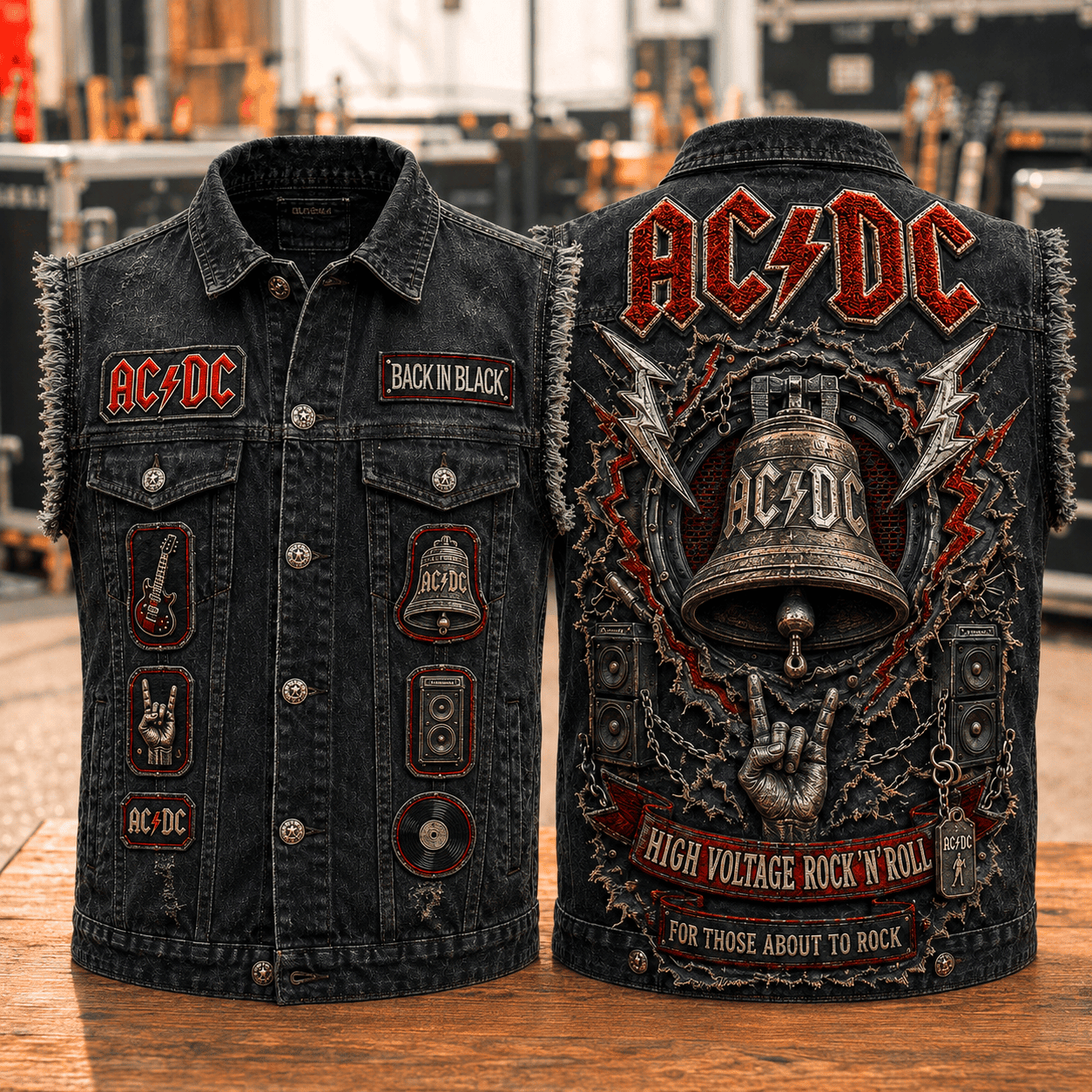 ACDC Back In Black Denim Vest High Voltage Rock N Roll ACDC Merch Gifts For Rock Fan - Kdjoy