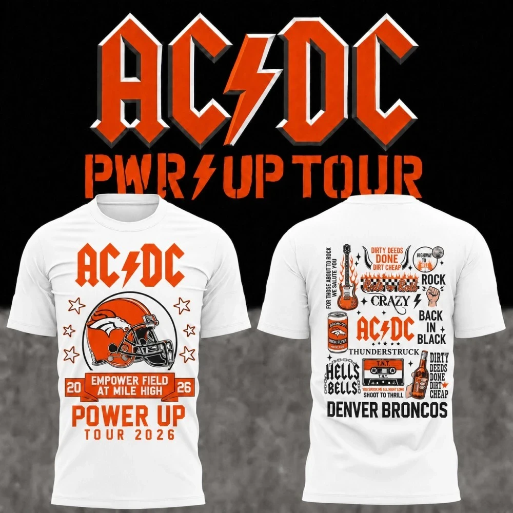 ACDC X Denver Broncos Merch 2026 ACDC Power Up Tour T-Shirt White Concert Outfit Gift For Fans - Kdjoy ACDC X Denver Broncos Merch 2026 ACDC Power Up Tour T-Shirt White Concert Outfit Gift For Fans - Kdjoy