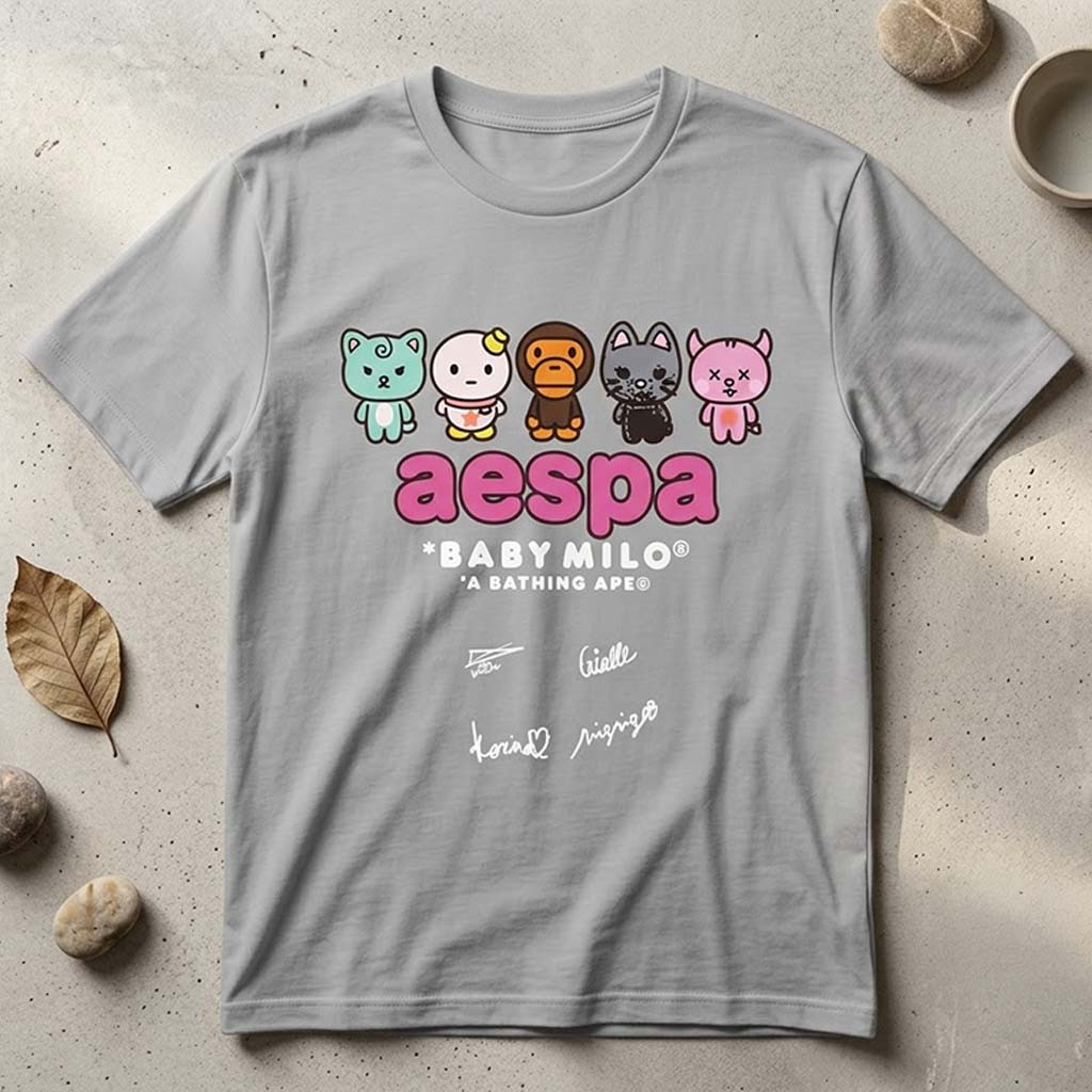 Aespa Baby Milo A Bathing APE Collaboration T-Shirt 2026 Aespa Merch Gift For Kpop Fans - Kdjoy Aespa Baby Milo A Bathing APE Collaboration T-Shirt 2026 Aespa Merch Gift For Kpop Fans - Kdjoy