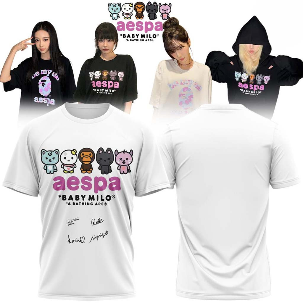 Aespa X BAPE Baby Milo Signed T-Shirt 2026 Aespa Merch Best Gift For MY Kpop Fans - Kdjoy