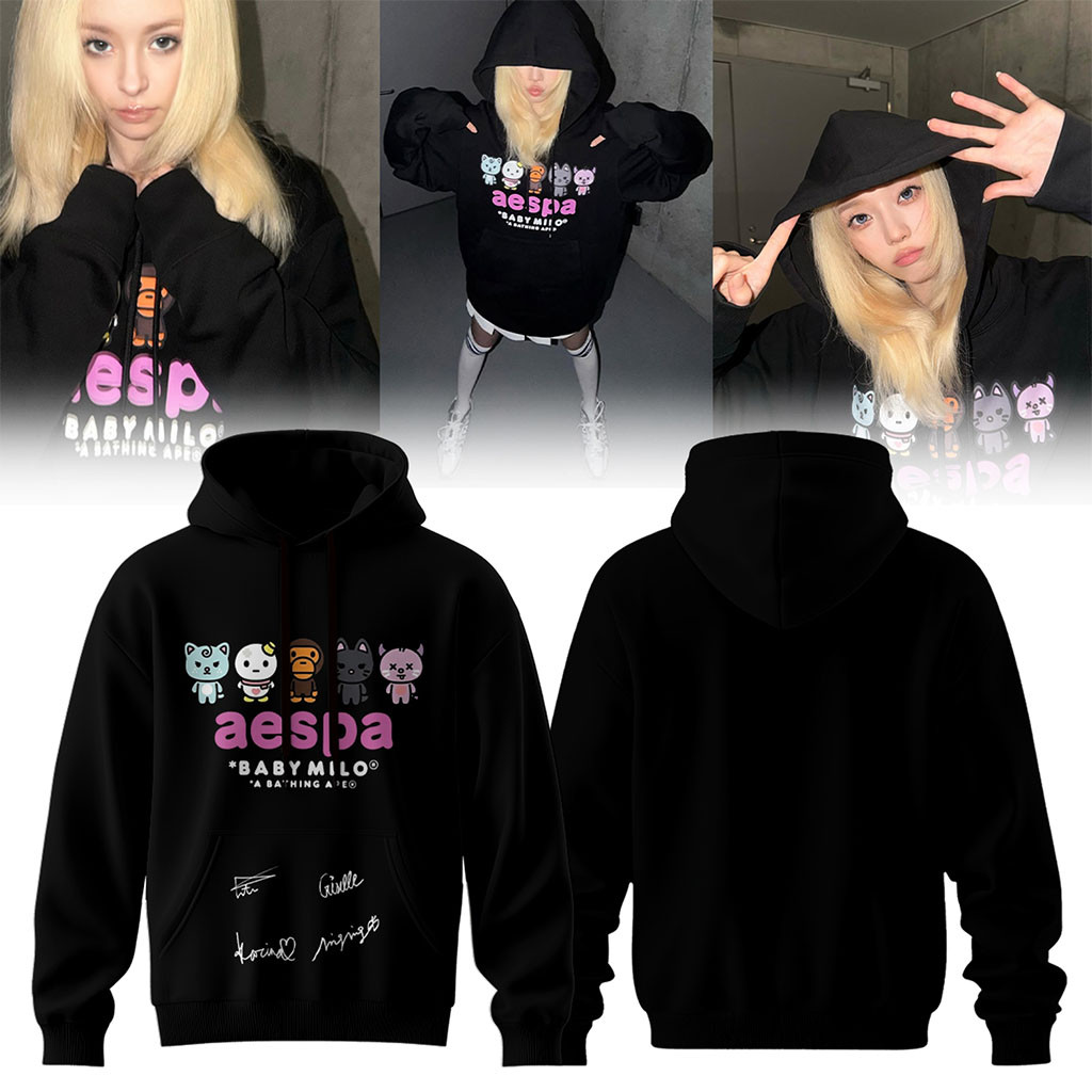 Aespa x Bape Signed 2026 Hoodie Black Aespa Merch Birthday Gift For BFF - Kdjoy Aespa x Bape Signed 2026 Hoodie Black Aespa Merch Birthday Gift For BFF - Kdjoy