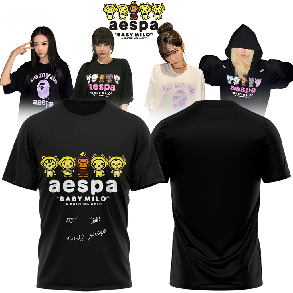 Aespa x Bape Signed 2026 T-Shirt Black Aespa Merch Gift Ideas For Girlfriend - Kdjoy