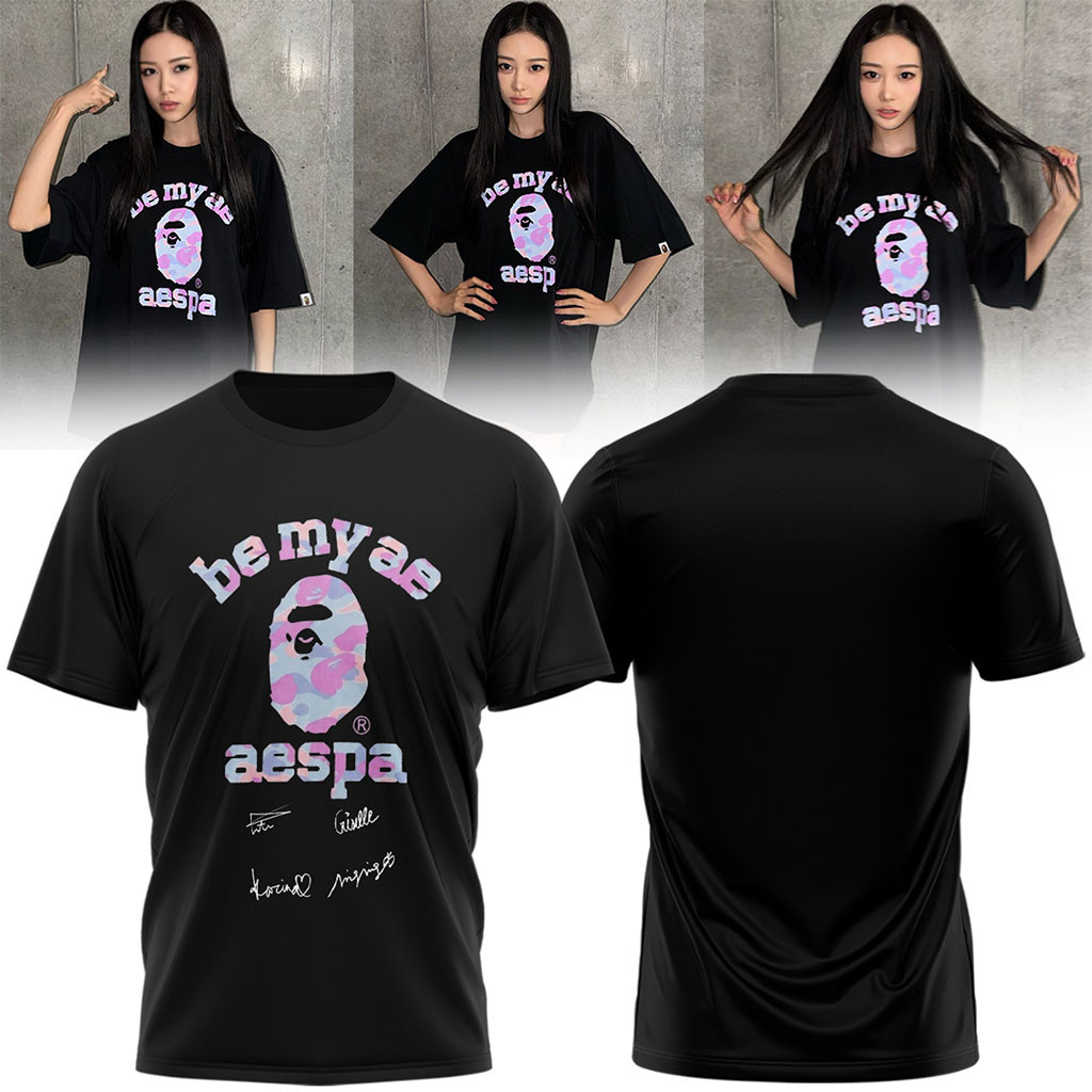 Aespa x Bape Signed T-Shirt Black Be My Ae Shirt Aespa Merch Present For Sister - Kdjoy Aespa x Bape Signed T-Shirt Black Be My Ae Shirt Aespa Merch Present For Sister - Kdjoy