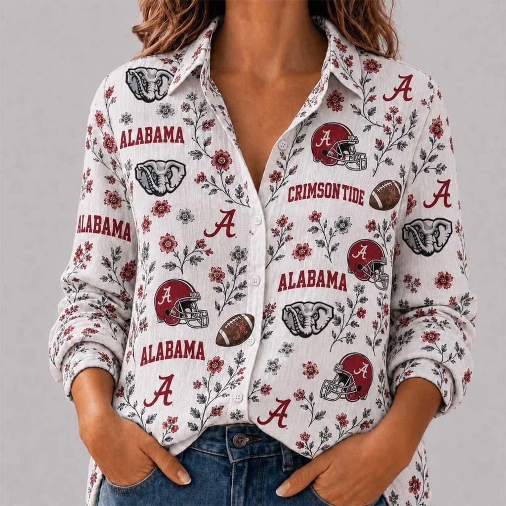 Alabama Crimson Tide College Spirit Blossoms Long Sleeve Button Up Shirt Crimson Tide Merch - Kdjoy