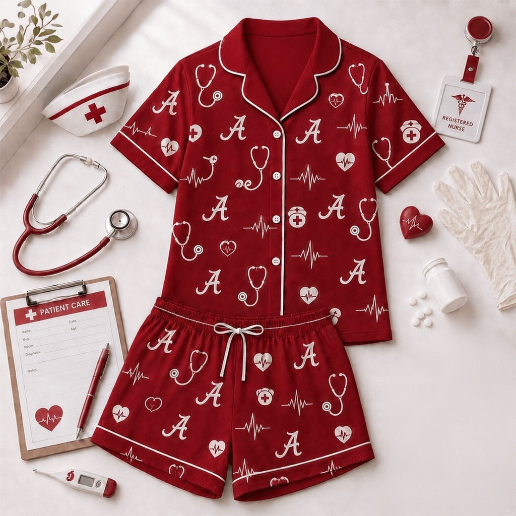 Alabama Crimson Tide Heartbeats And Home Teams Short Sleeve Pajamas Set Crimson Tide Merch - Kdjoy