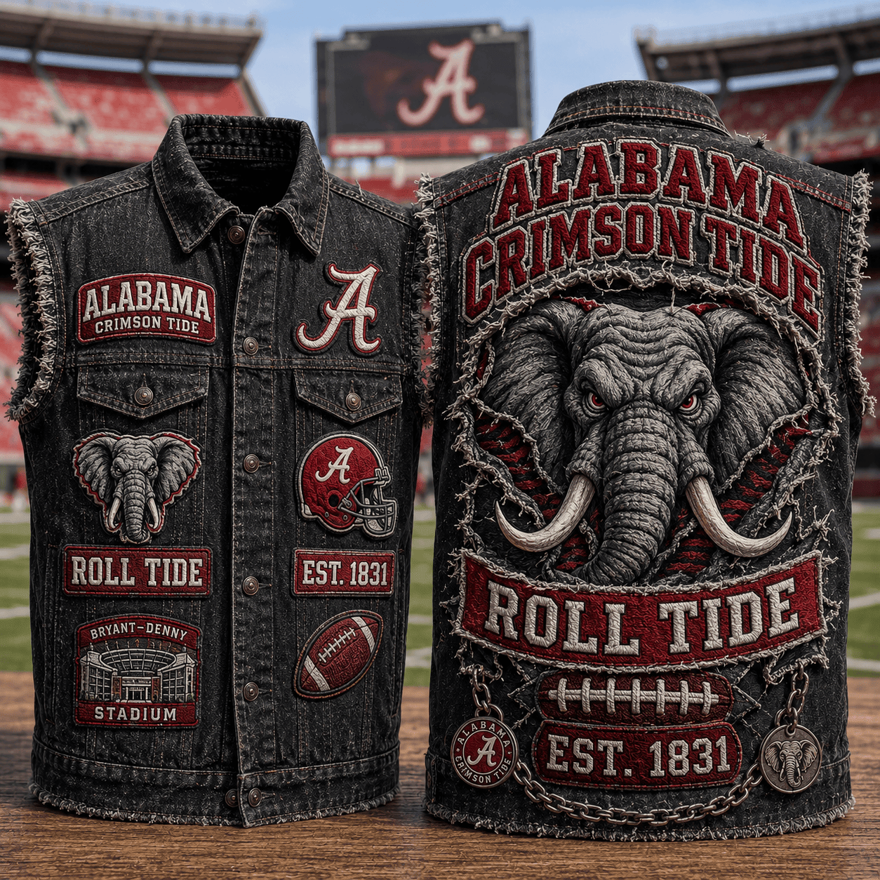 Alabama Crimson Tide Roll Tide Denim Vest Alabama Crimson Tide Merch Gift For Football Fans - Kdjoy