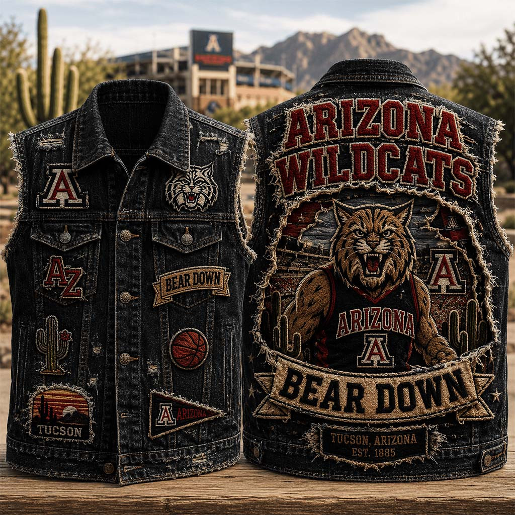 Arizona Wildcats Bear Down Denim Vest Arizona Wildcats Merch Gift For Basketball Lovers - Kdjoy