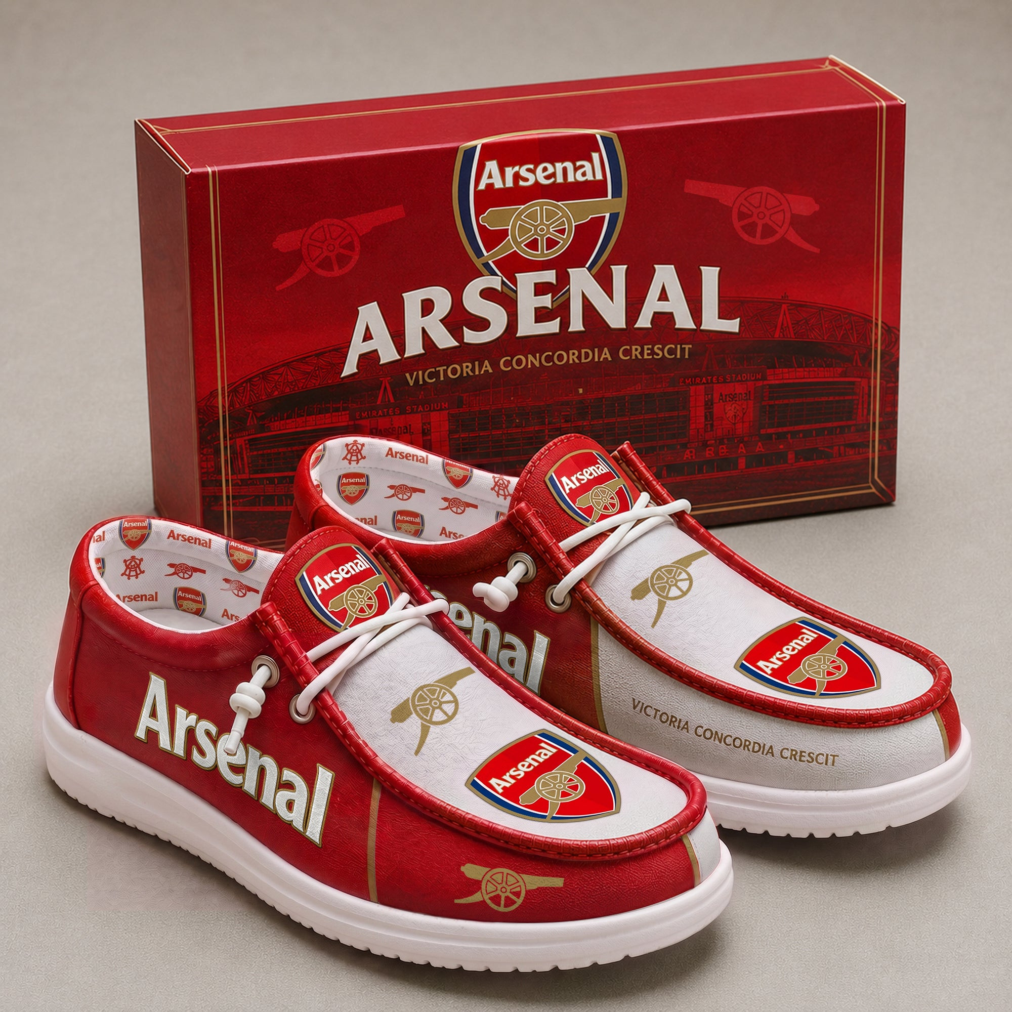 Arsenal FC Victoria Concordia Crescit Shoes Arsenal FC Merch Best Gift For Husband - Kdjoy Arsenal FC Victoria Concordia Crescit Shoes Arsenal FC Merch Best Gift For Husband - Kdjoy
