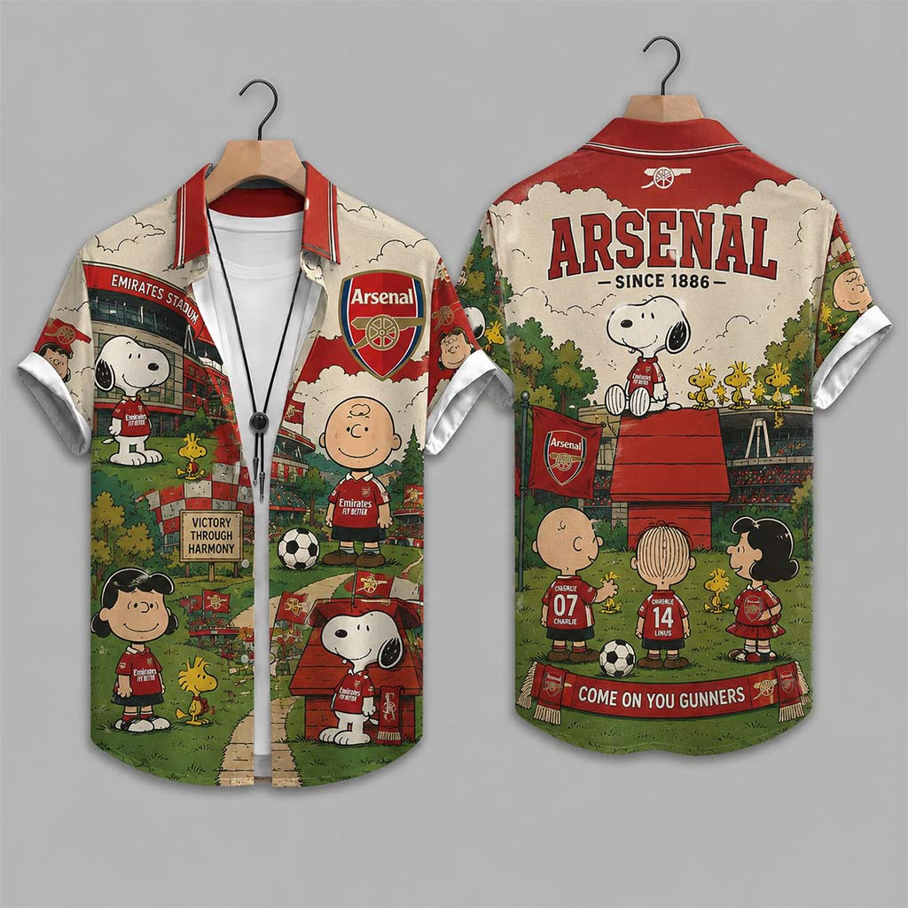 Arsenal FC x Peanuts Snoopy The Gunners Hawaii Shirt Arsenal FC Merch Football Fan Gift Ideas - Kdjoy