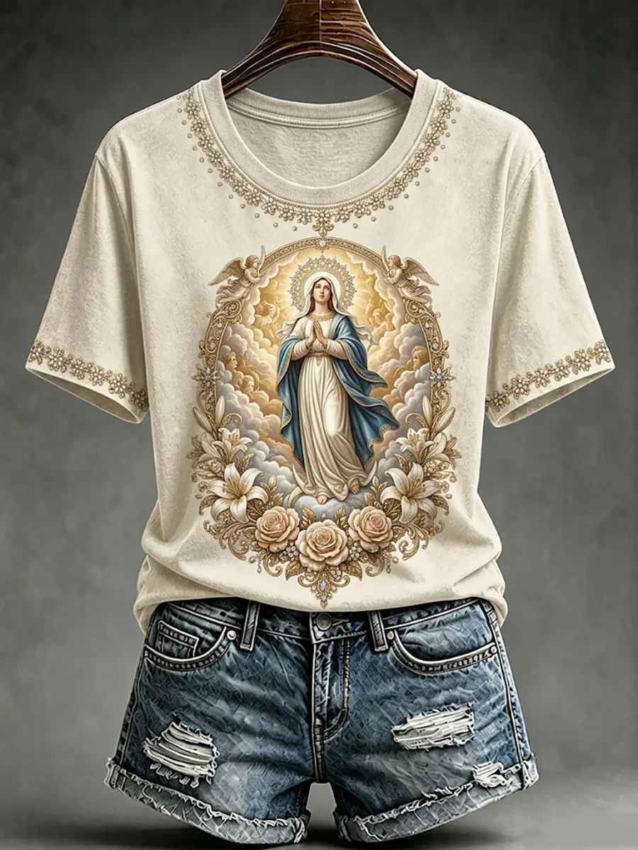 Assumption Of Mary Faith Art T-Shirt Floral Christian Apparel Religious Gifts For Mom - Kdjoy