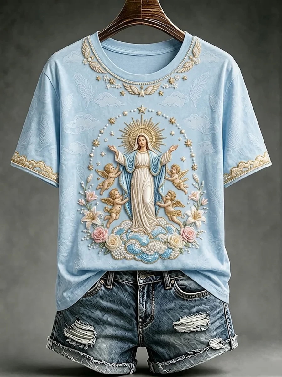 Assumption Of Mary Faith Art T-Shirt Floral Our Lady Of Grace Christian Apparel Mom Gifts - Kdjoy
