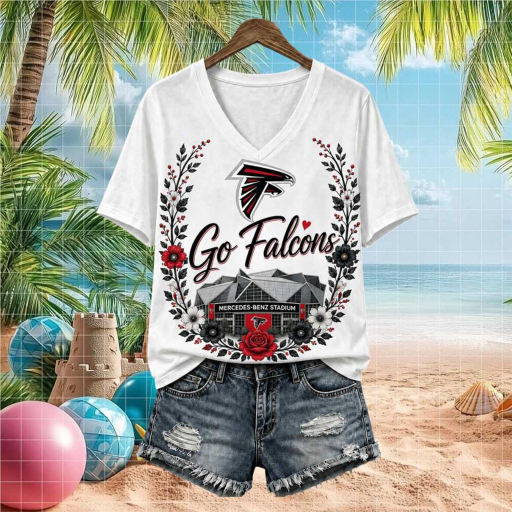 Atlanta Falcons Merc Benz Stadium Floral V-Neck Shirt Atlanta Falcons Merch Gifts For Fans - Kdjoy