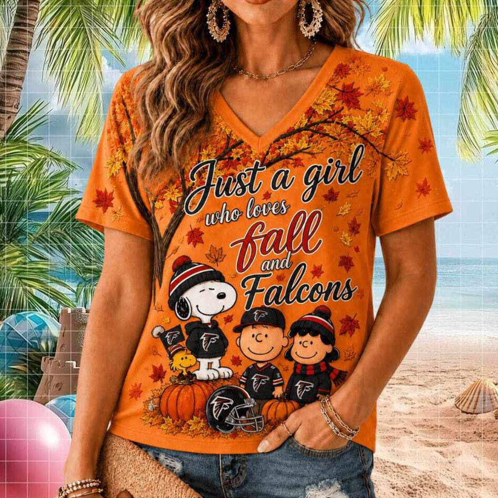 Atlanta Falcons Snoopy Fall Leaves Just A Girl V-Neck Shirt Atlanta Falcons Merch Gift For Her - Kdjoy