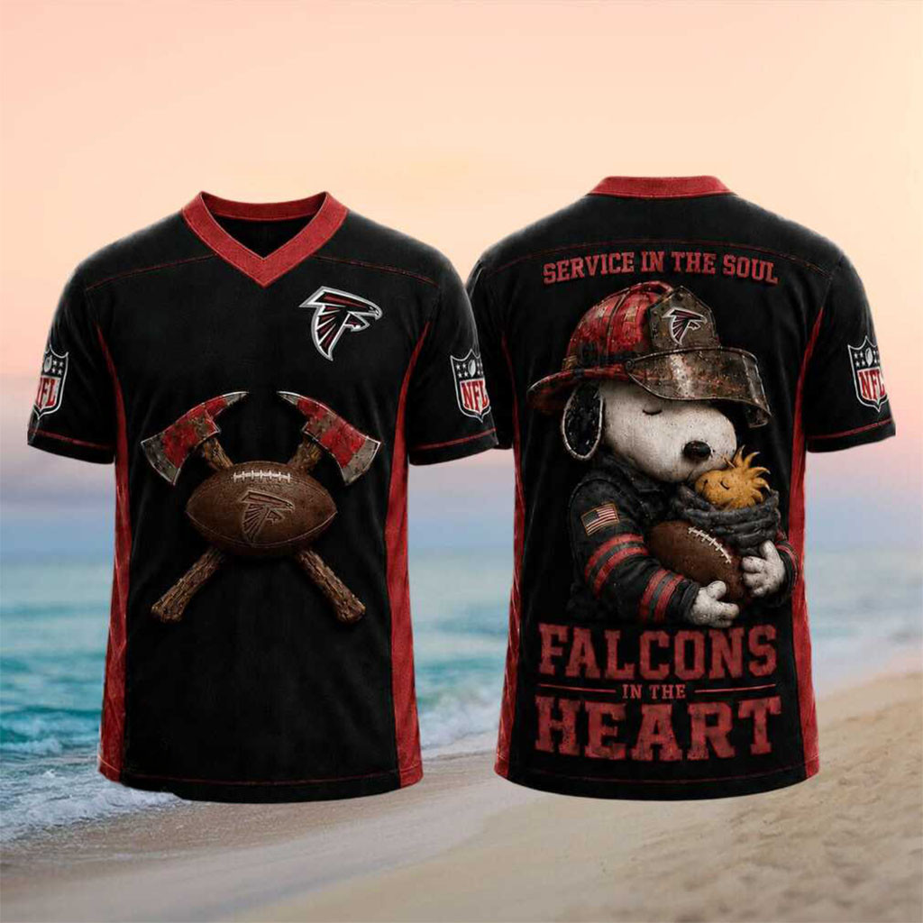 Atlanta Falcons Snoopy Firefighter Football In The Heart V-Neck Shirt Falcons Merch Fireman Gift - Kdjoy