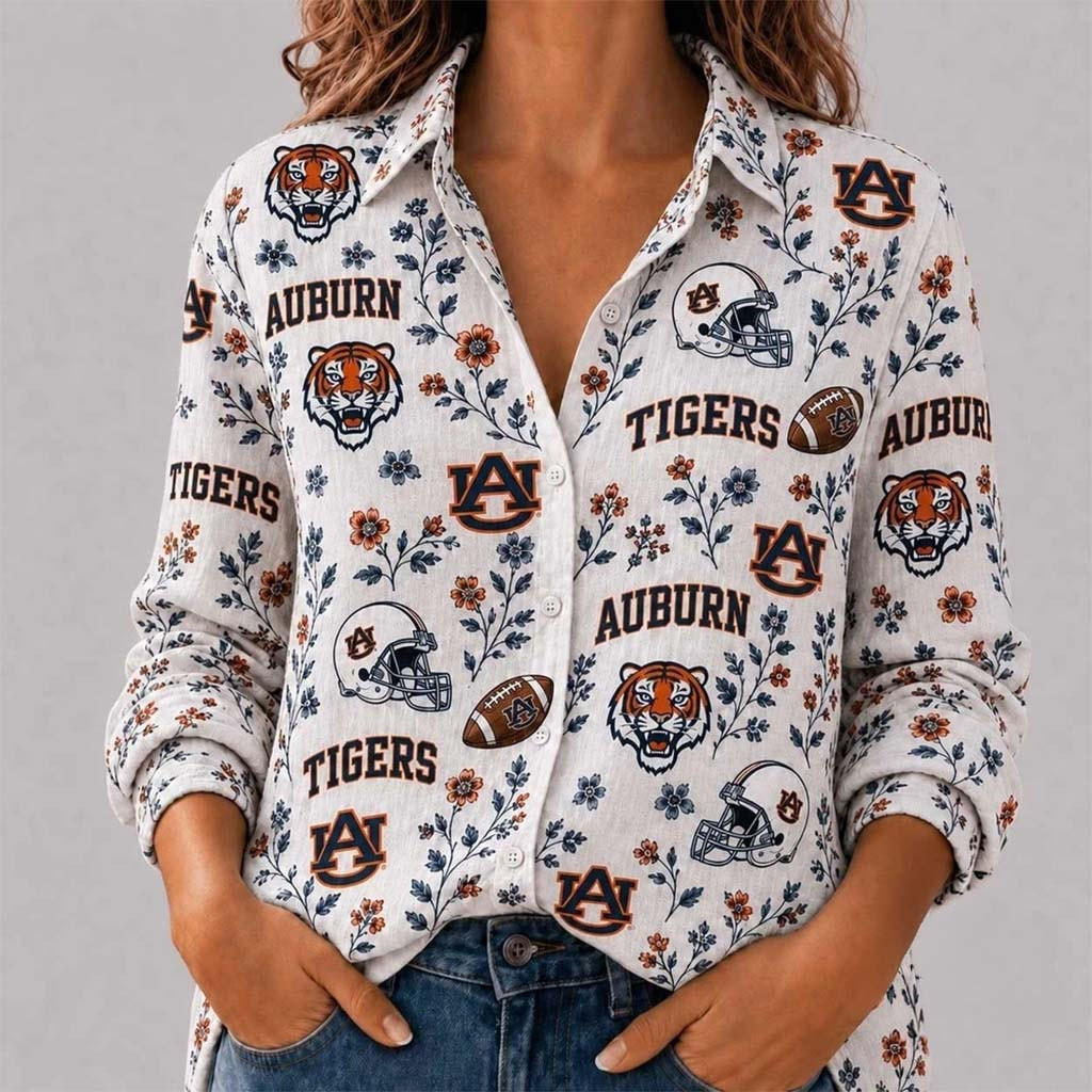 Auburn Tigers College Spirit Blossoms Long Sleeve Button Up Shirt Auburn Tigers Merch Women - Kdjoy Auburn Tigers College Spirit Blossoms Long Sleeve Button Up Shirt Auburn Tigers Merch Women - Kdjoy