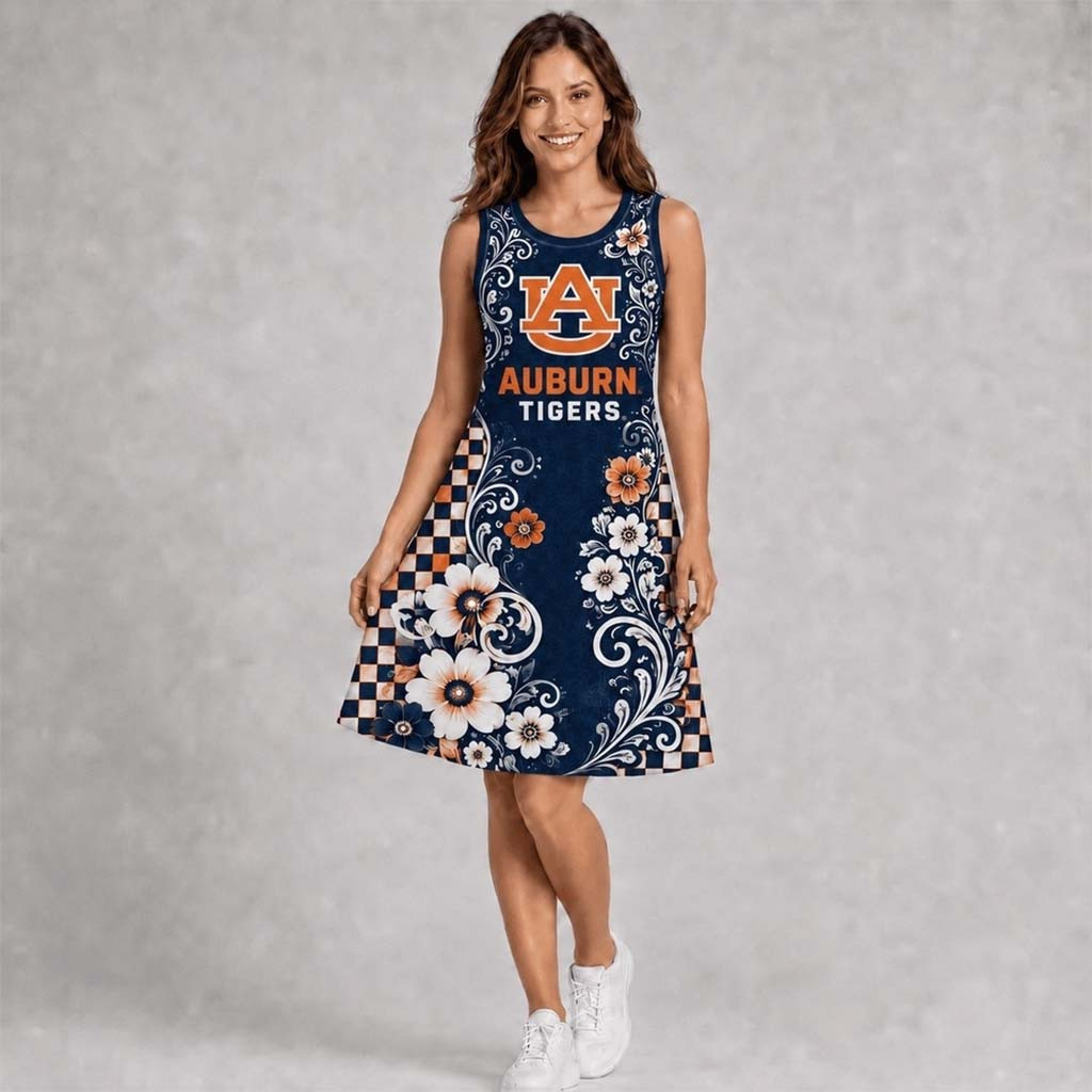 Auburn Tigers Sporty Floral Elegance Women's Sleeveless Dress Auburn Tigers Merch Wife Gifts - Kdjoy