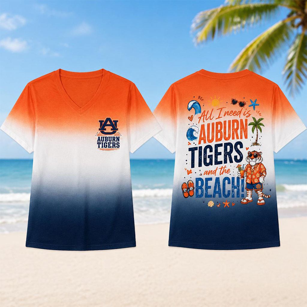 Auburn Tigers Tropical Beach Vibes V-Neck Shirt 2026 Auburn Tigers Merch Summer Gifts - Kdjoy