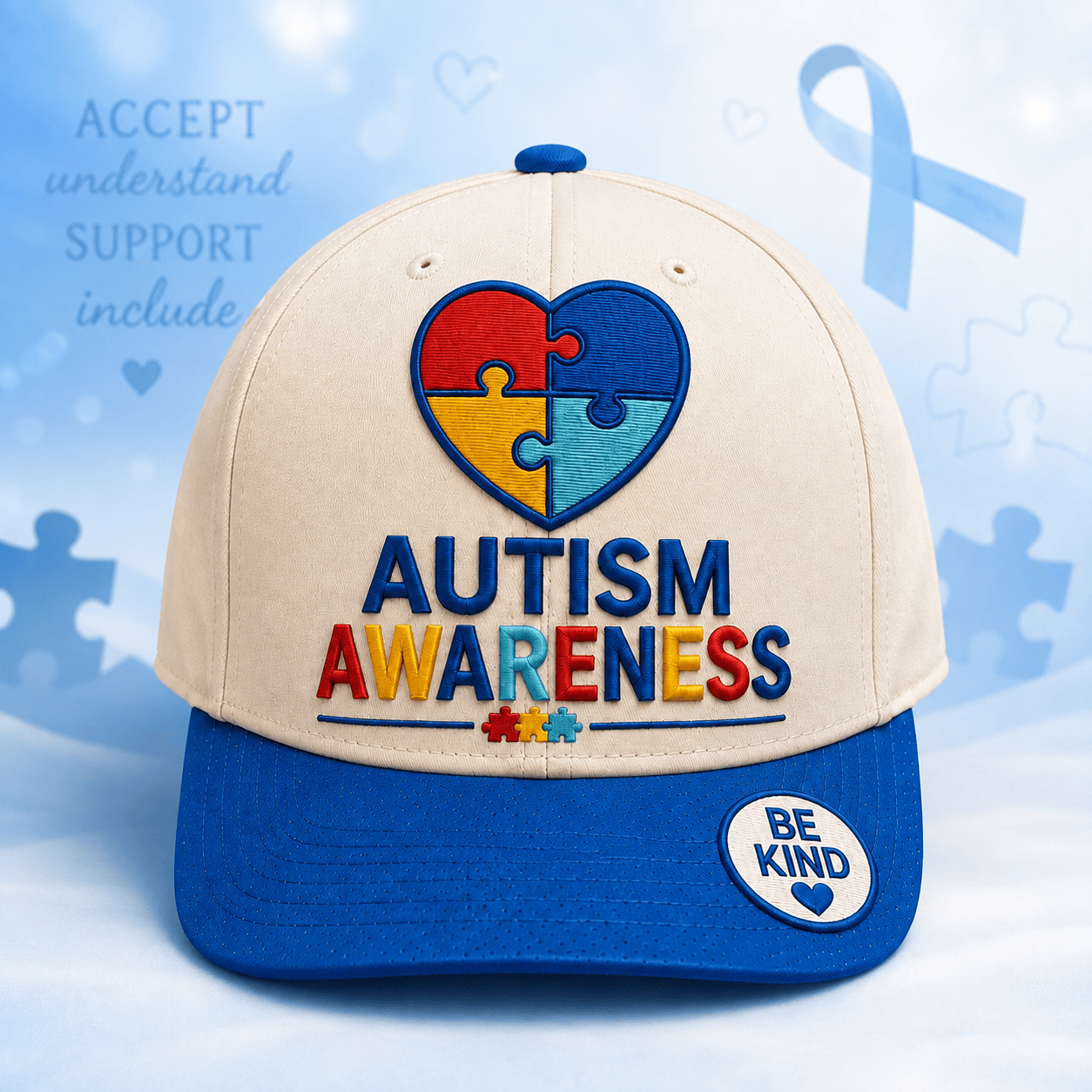 Autism Awareness Puzzle Heart Hat Be Kind Cap Embroidered Best Gifts For Artistic - Kdjoy
