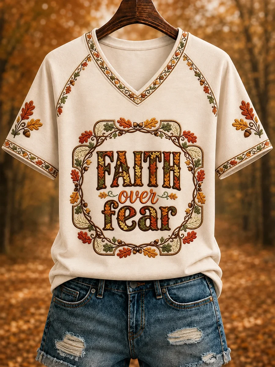 Autumn Art Faith Over Fear V-Neck T-Shirt Faith Based Apparel Christian Gifts For Ladies - Kdjoy Autumn Art Faith Over Fear V-Neck T-Shirt Faith Based Apparel Christian Gifts For Ladies - Kdjoy