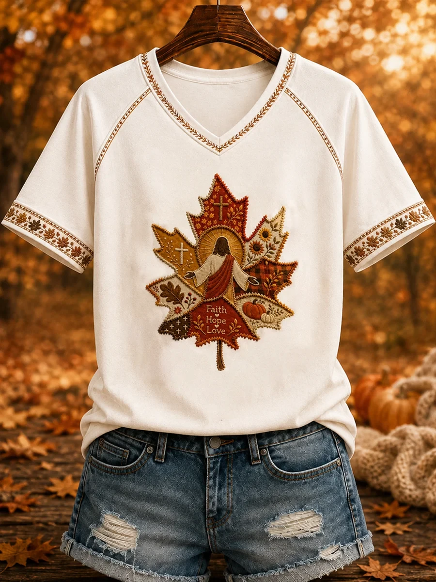 Autumn Art Jesus V-Neck T-Shirt Faith Hope Love Faith Clothes Online Gifts For Christian Women - Kdjoy
