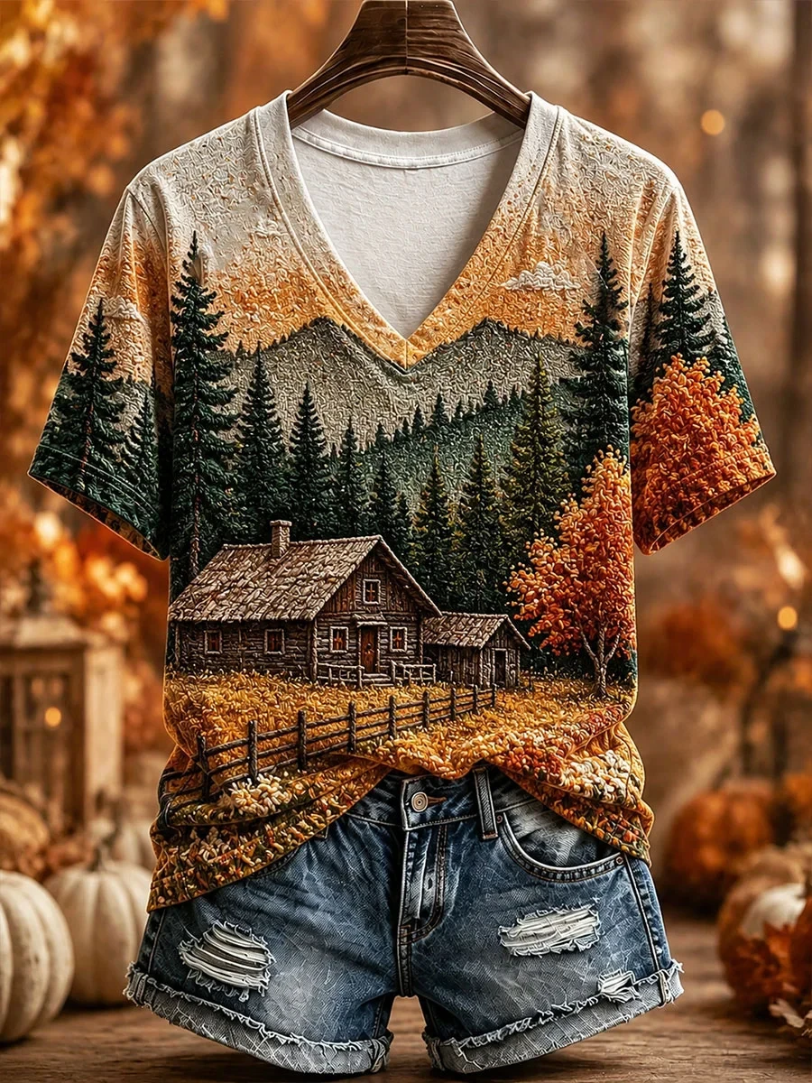Autumn Countryside V-Neck Shirt Fall Trendy Outfits Best Gifts For Mother - Kdjoy
