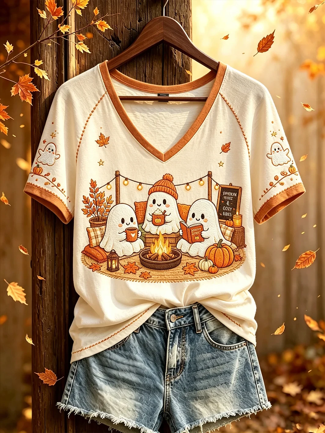 Autumn Cute Ghost Camping V-Neck Shirt Fall Clothes Halloween Gifts For Camping Lovers - Kdjoy Autumn Cute Ghost Camping V-Neck Shirt Fall Clothes Halloween Gifts For Camping Lovers - Kdjoy
