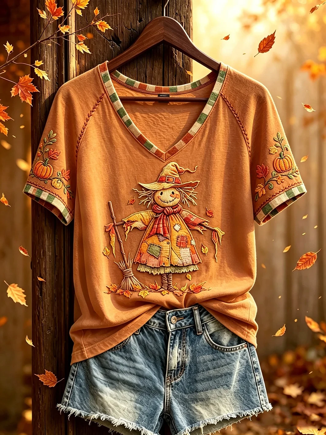 Autumn Cute Straw Man Pattern V-Neck Shirt Cute Fall Clothes Gifts For Sisters - Kdjoy Autumn Cute Straw Man Pattern V-Neck Shirt Cute Fall Clothes Gifts For Sisters - Kdjoy