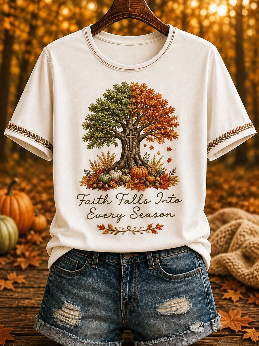Autumn Faith Falls Into Every Season Printed T-Shirt Fall Inspired Clothes Christian Gift - Kdjoy