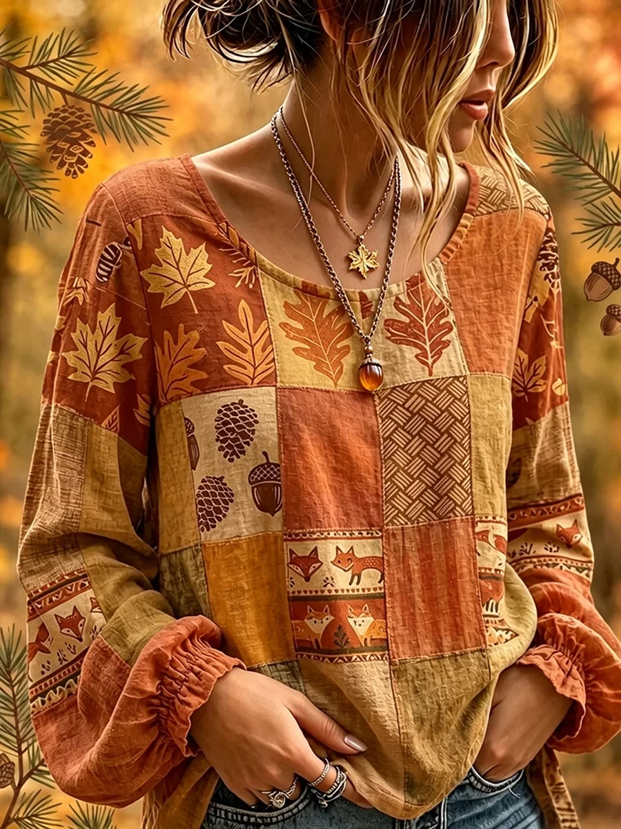 Autumn Floral Patchwork Pattern Long Sleeve Shirt Boho Fall Season Clothes Gift For Her - Kdjoy