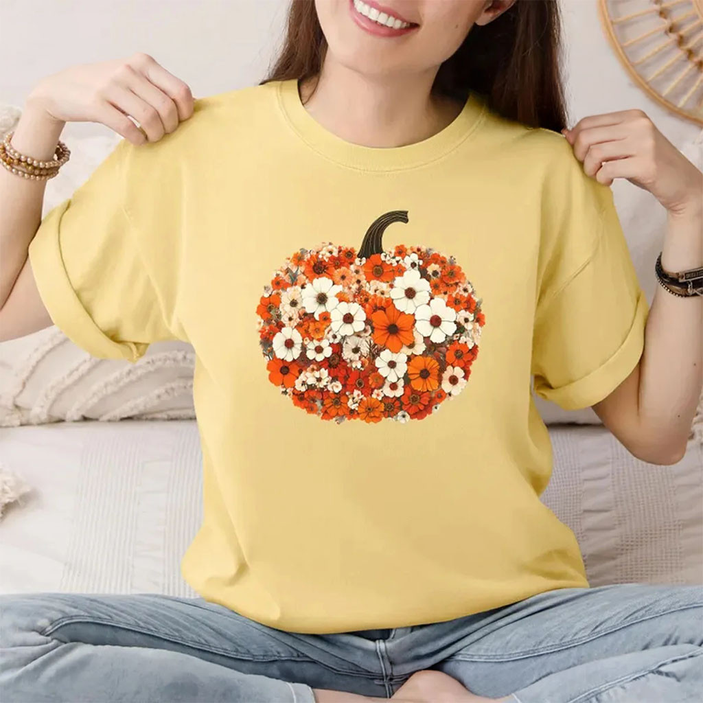Autumn Floral Pumpkin Halloween T-Shirt Boho Shirt Gift Ideas For Sisters - Kdjoy