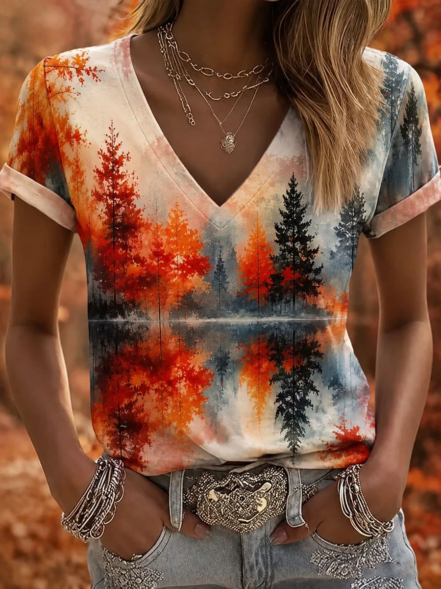 Autumn Forest V-Neck Shirt Casual Outfits Fall Clothing Nature Lover Gifts For Wife - Kdjoy Autumn Forest V-Neck Shirt Casual Outfits Fall Clothing Nature Lover Gifts For Wife - Kdjoy