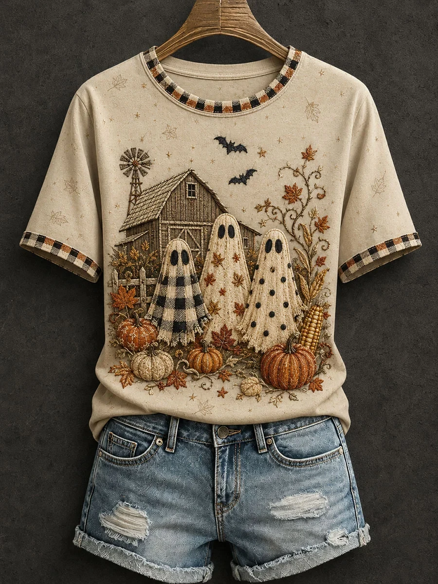 Autumn Ghost Halloween T-Shirt Cute Spooky Themed Apparel Gift For Women - Kdjoy