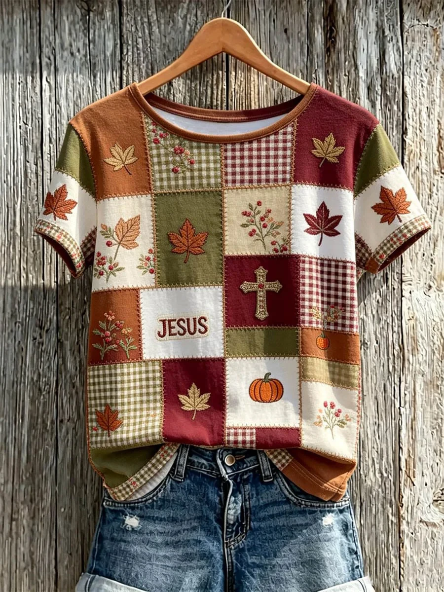 Autumn Jesus Faith Cross Patchwork T-Shirt Fall Inspired Clothes Christian Gifts For Her - Kdjoy