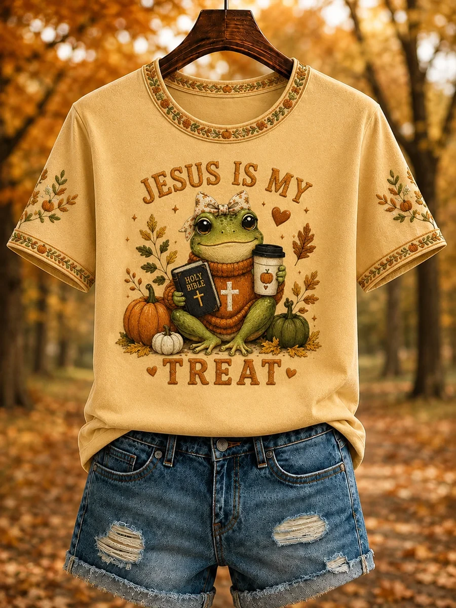 Autumn Jesus Is My Treat Frog T-Shirt Faith Based Shirt Fall Outfits Christian Gifts - Kdjoy