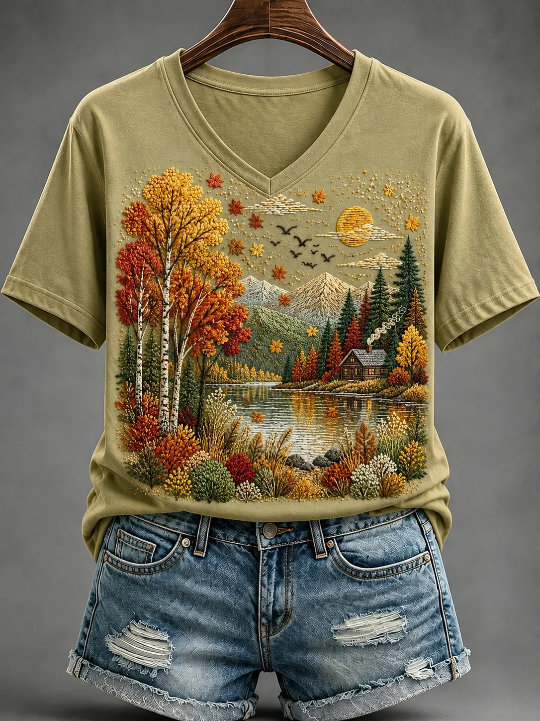 Autumn Landscape V-Neck Shirt Nature Lover Apparel Autumn Fall Outfit For Her - Kdjoy