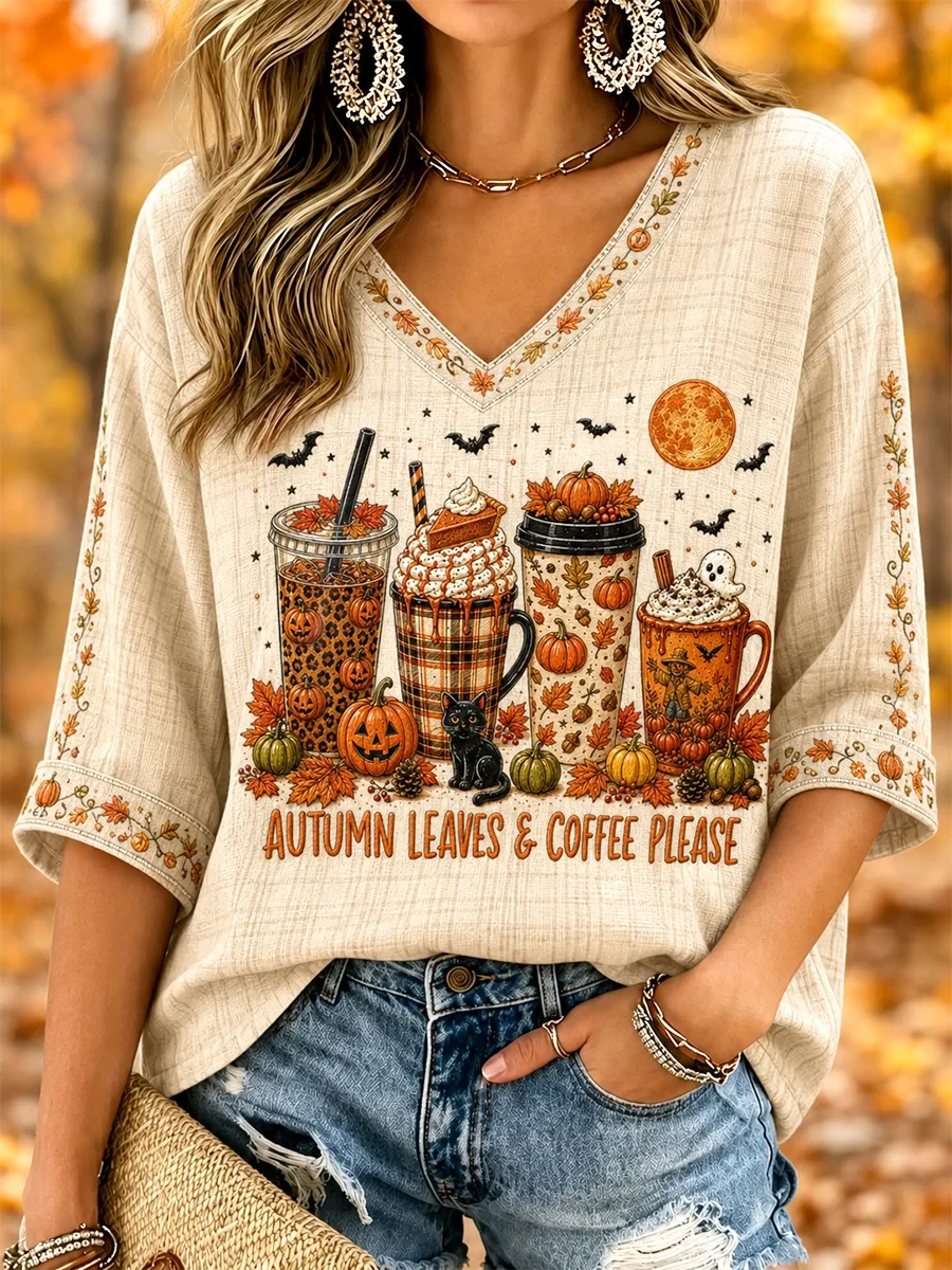 Autumn Leaves And Coffee Please Cropped Sleeve V-Neck Shirt Fall Pumpkin Ghost Apparel - Kdjoy
