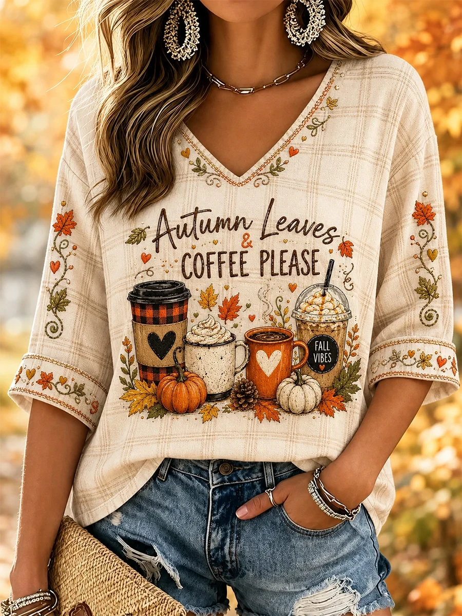 Autumn Leaves And Coffee Please Cropped Sleeve V-Neck Shirt Hello Fall Pumpkin Apparel - Kdjoy